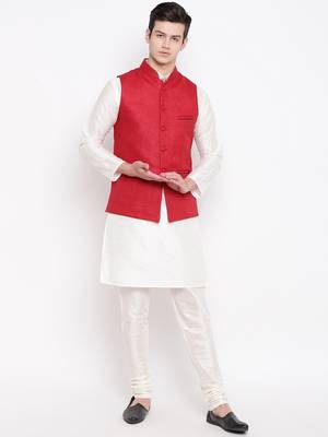 Mag Men's White Matching Kurta Churidar With Red Joot Waiscoat For Men (RG-19483-36) 1