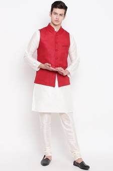 Mag Men's White Matching Kurta Churidar With Red Joot Waiscoat For Men (RG-19483-36)