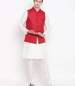 Mag Men's White Matching Kurta Churidar With Red Joot Waiscoat For Men (RG-19483-36)