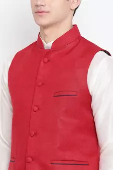 Mag Men's White Matching Kurta Churidar With Red Joot Waiscoat For Men (RG-19483-36)