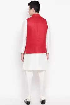 Mag Men's White Matching Kurta Churidar With Red Joot Waiscoat For Men (RG-19483-36)