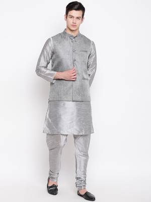Mag Men's Silver Matching Kurta Churidar With Gray 1st Joot Waiscoat For Men (RG-19484-36) 1