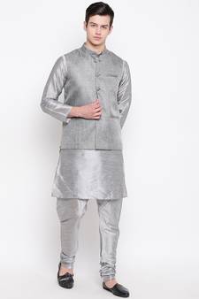 Mag Men's Silver Matching Kurta Churidar With Gray 1st Joot Waiscoat For Men (RG-19484-36)