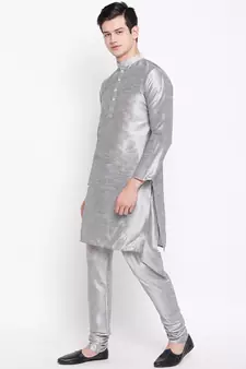 Mag Men's Silver Matching Kurta Churidar With Gray 1st Joot Waiscoat For Men (RG-19484-36)