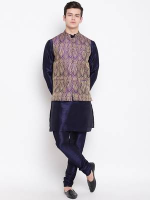 Mag Men's Navy Blue Matching Kurta Churidar With Purple Waiscoat For Men  1