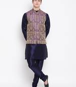 Mag Men's Navy Blue Matching Kurta Churidar With Purple Waiscoat For Men 