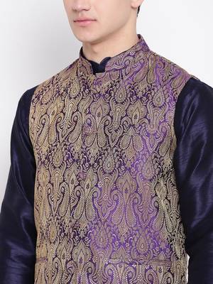 Mag Men's Navy Blue Matching Kurta Churidar With Purple Waiscoat For Men  2