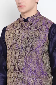 Mag Men's Navy Blue Matching Kurta Churidar With Purple Waiscoat For Men 