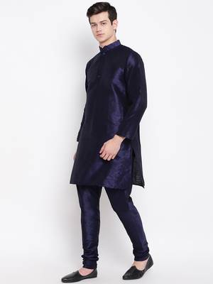 Mag Men's Navy Blue Matching Kurta Churidar With Purple Waiscoat For Men  3