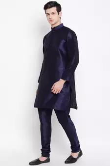 Mag Men's Navy Blue Matching Kurta Churidar With Purple Waiscoat For Men 