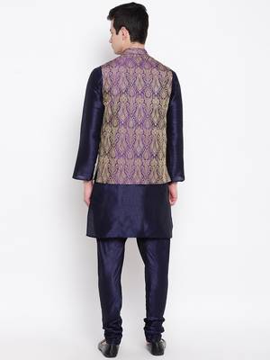 Mag Men's Navy Blue Matching Kurta Churidar With Purple Waiscoat For Men  4