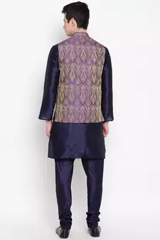 Mag Men's Navy Blue Matching Kurta Churidar With Purple Waiscoat For Men 