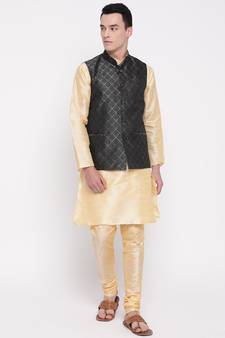Mag Men's Gold Maching Kurta Churidar With Black 2nd  Waiscoat For Men (RG-19486-36)
