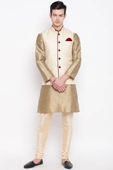 Mag Men's Copper Gold Kurta Gold Churidar With Gold Waiscoat For Men (RG-19488-36)