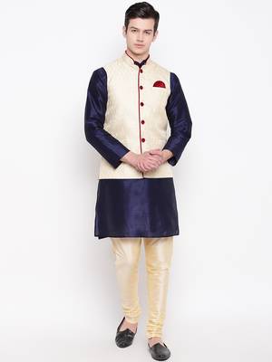 Mag Men's Navy Blue Kurta Gold Churidar With Gold Waiscoat  For Men (RG-19489-36) 1