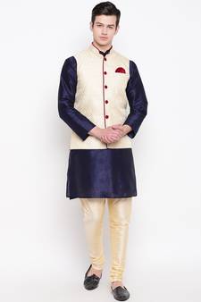 Mag Men's Navy Blue Kurta Gold Churidar With Gold Waiscoat  For Men (RG-19489-36)