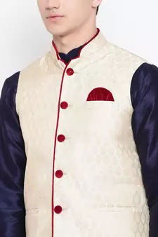 Mag Men's Navy Blue Kurta Gold Churidar With Gold Waiscoat  For Men (RG-19489-36)