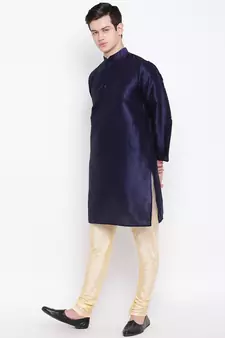 Mag Men's Navy Blue Kurta Gold Churidar With Gold Waiscoat  For Men (RG-19489-36)