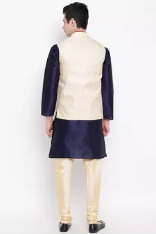 Mag Men's Navy Blue Kurta Gold Churidar With Gold Waiscoat  For Men (RG-19489-36)