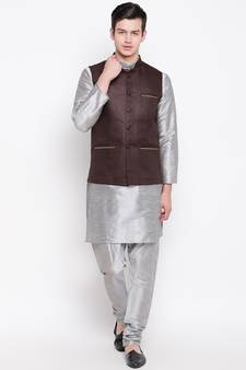Mag Men's Silver Matching Kurta Churidar With Pink Voilet Waiscoat  For Men (RG-19490-36)