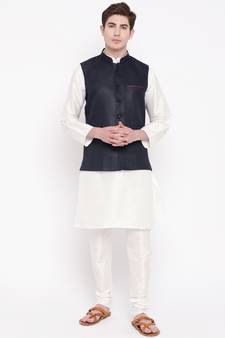 Mag Men's White Matching Kurta Churidar With Navy Blue Joot Waiscoat  For Men (RG-19491-36)