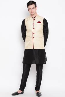 Mag Men's Black Matching Kurta Churidar With Gold waiscoat For Men (RG-19493-36)