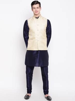 Mag Men's Navy Blue Matching Kurta Churidar With New Gold Waiscoat  For Men (RG-19495-36) 1