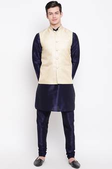 Mag Men's Navy Blue Matching Kurta Churidar With New Gold Waiscoat  For Men (RG-19495-36)