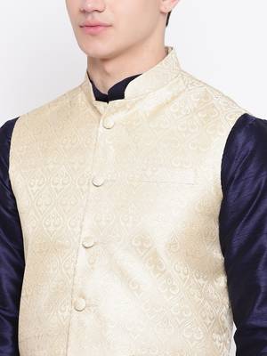 Mag Men's Navy Blue Matching Kurta Churidar With New Gold Waiscoat  For Men (RG-19495-36) 2