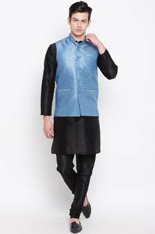 Mag Men's Black Matching Kurta Churidar with Banarsi Sky Blue Waiscoat  For Men (RG-19496-36)
