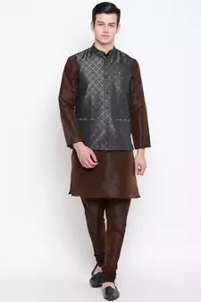 Mag Men's Brown Matching Kurta Churidar With Black 2nd  Waiscaot For Men (RG-19497-36)