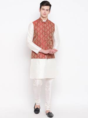 Mag Men's white Matching Kurta Churidar With Mahroon Waiscoat  For Men (RG-19498-36) 1
