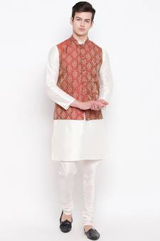 Mag Men's white Matching Kurta Churidar With Mahroon Waiscoat  For Men (RG-19498-36)