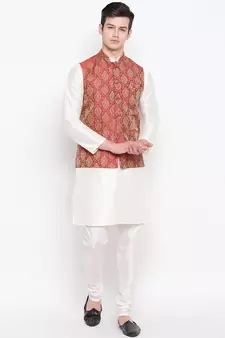 Mag Men's white Matching Kurta Churidar With Mahroon Waiscoat  For Men (RG-19498-36)