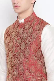 Mag Men's white Matching Kurta Churidar With Mahroon Waiscoat  For Men (RG-19498-36)