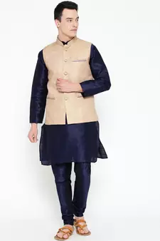 Mag Men's Navy Blue Matching Kurta Churidar With Coffee Joot Waiscoat For Men (RG-19500-36)