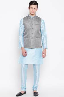 Mag Men's Sky Blue Matching Kurta Churidar With Gray 1st Joot Waiscoat For Men (RG-19502-36)