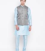 Mag Men's Sky Blue Matching Kurta Churidar With Gray 1st Joot Waiscoat For Men (RG-19502-36)