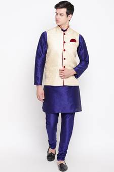 Mag Men's Royal Blue Matching Kurta Churidar With Gold Waiscoat For Men (RG-19503-36)