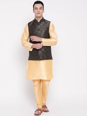 Mag Men's Gold Matching Kurta Churidar With Black 1st Waiscoat For Men (RG-19505-36) 1