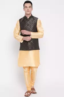 Mag Men's Gold Matching Kurta Churidar With Black 1st Waiscoat For Men (RG-19505-36)