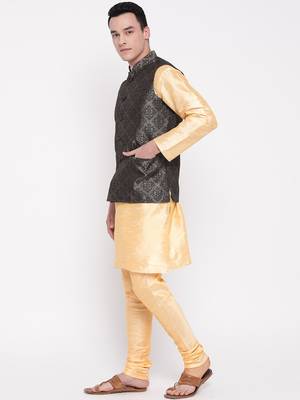 Mag Men's Gold Matching Kurta Churidar With Black 1st Waiscoat For Men (RG-19505-36) 5