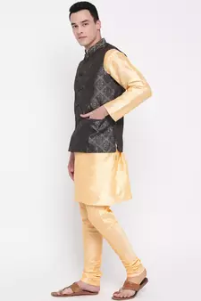 Mag Men's Gold Matching Kurta Churidar With Black 1st Waiscoat For Men (RG-19505-36)