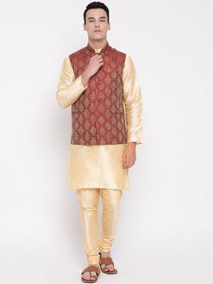 Mag Men's Gold Matching Kurta Churidar With Mahroon Waiscoat For Men (RG-19506-36) 1
