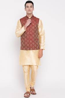 Mag Men's Gold Matching Kurta Churidar With Mahroon Waiscoat For Men (RG-19506-36)