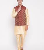 Mag Men's Gold Matching Kurta Churidar With Mahroon Waiscoat For Men (RG-19506-36)
