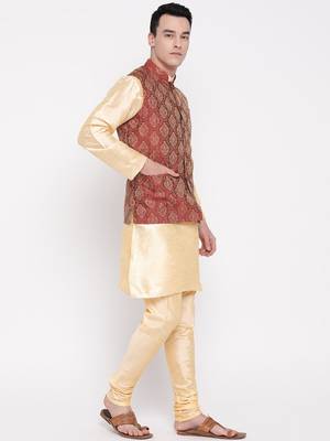 Mag Men's Gold Matching Kurta Churidar With Mahroon Waiscoat For Men (RG-19506-36) 5