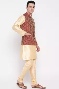 Mag Men's Gold Matching Kurta Churidar With Mahroon Waiscoat For Men (RG-19506-36)