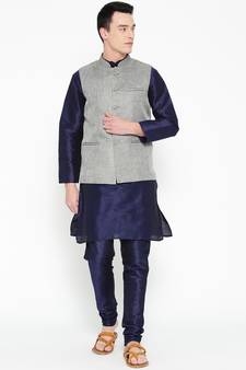 Mag Men's Navy Blue Matching Kurta Churidar With Gray 1st Joot Waiscoat  For Men (RG-19508-36)