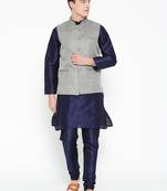 Mag Men's Navy Blue Matching Kurta Churidar With Gray 1st Joot Waiscoat  For Men (RG-19508-36)